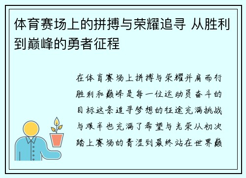 体育赛场上的拼搏与荣耀追寻 从胜利到巅峰的勇者征程